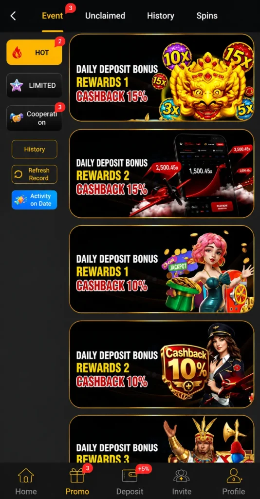 188PKR Game promo page showing daily deposit bonus and cashback rewards offers