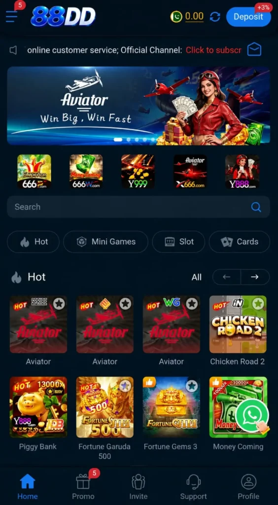 88DD Game app homepage with Aviator and casino games.