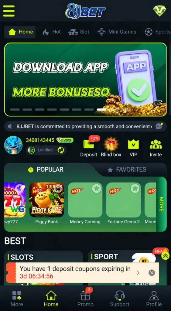 8JJBET gaming app interfac