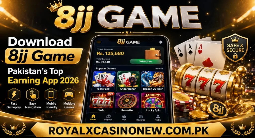 8jj GAME premium gold-and-black casino banner with smartphone and gaming icons.