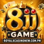 8jj Game casino logo with 3D lettering, crown, cards, chips, and “GAME” banner.