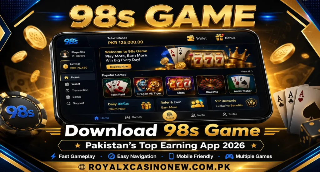 98s Game download banner with casino games, gold coins, and mobile app interface.