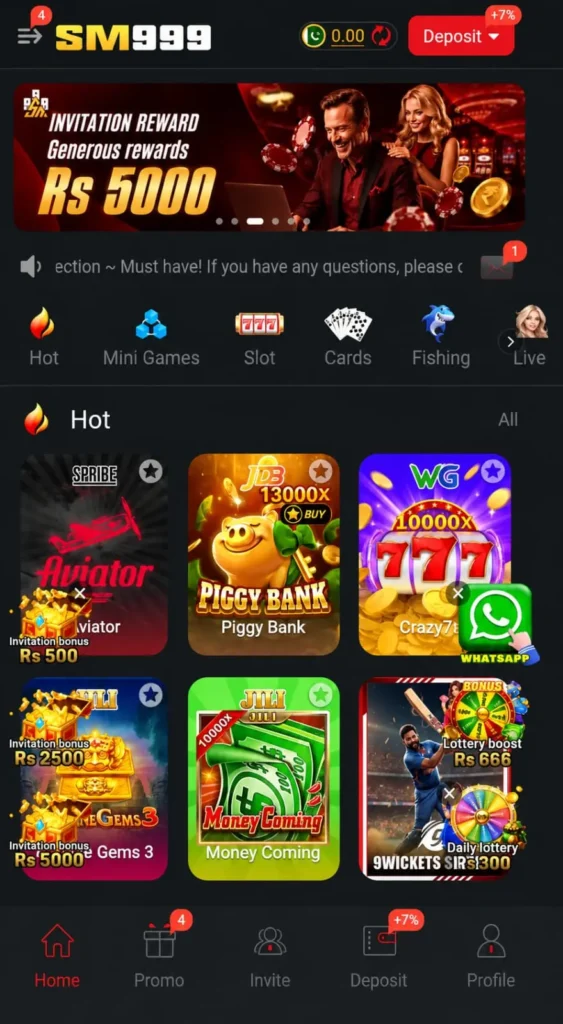 SM999 Game gaming app interface.