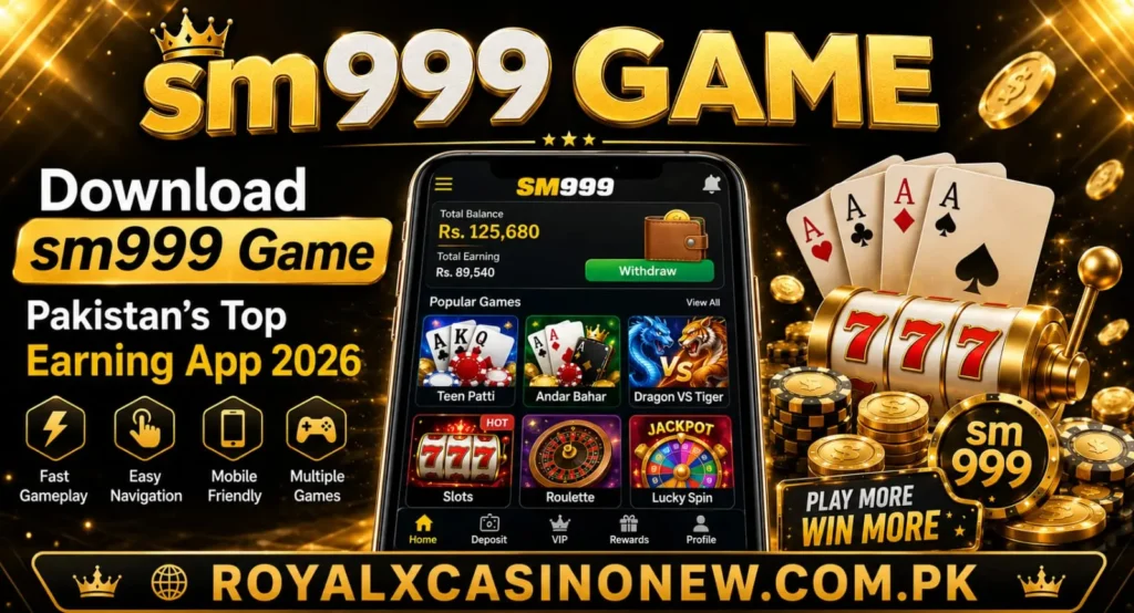 Sm999 GAME premium gold-and-black casino banner with smartphone and gaming icons
