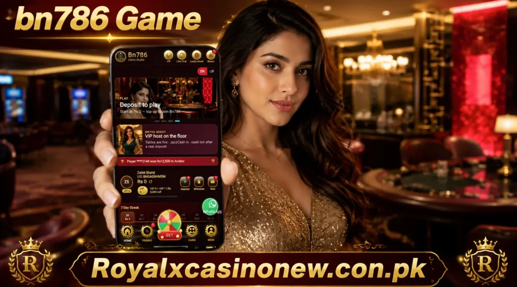bn786 Game promotional banner with smartphone and casino lounge.