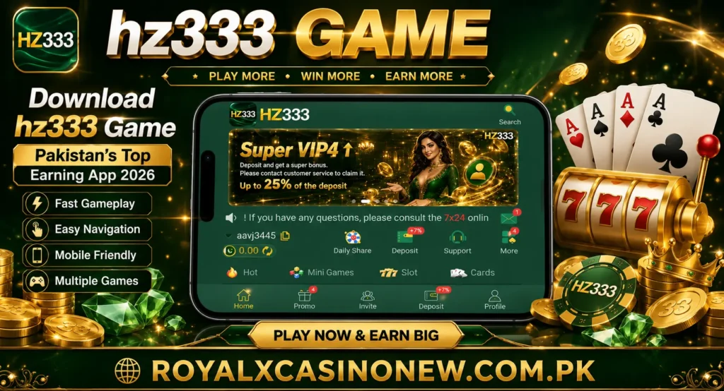 hz333 Game promotional banner with smartphone and casino lounge.