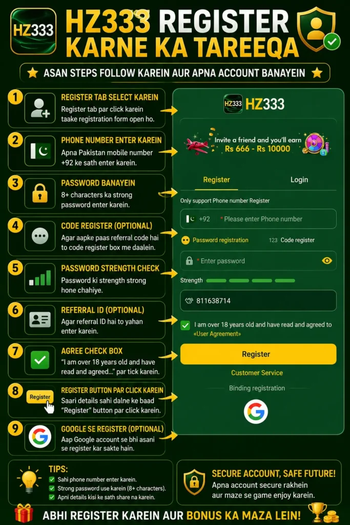 hz333 Game registration page showing profile, password, real name and Register button