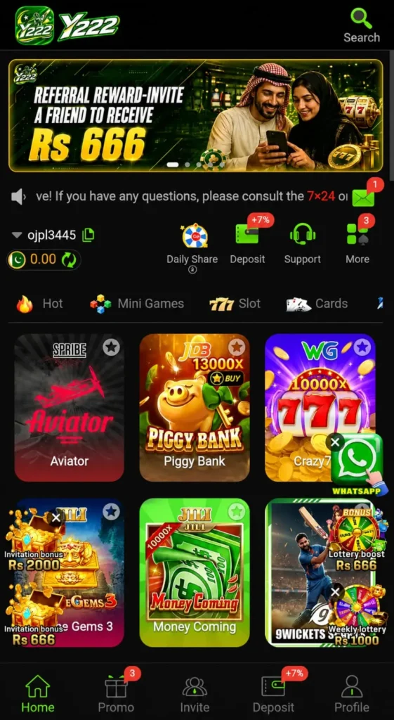 y222 Game app homepage with Aviator and casino games.