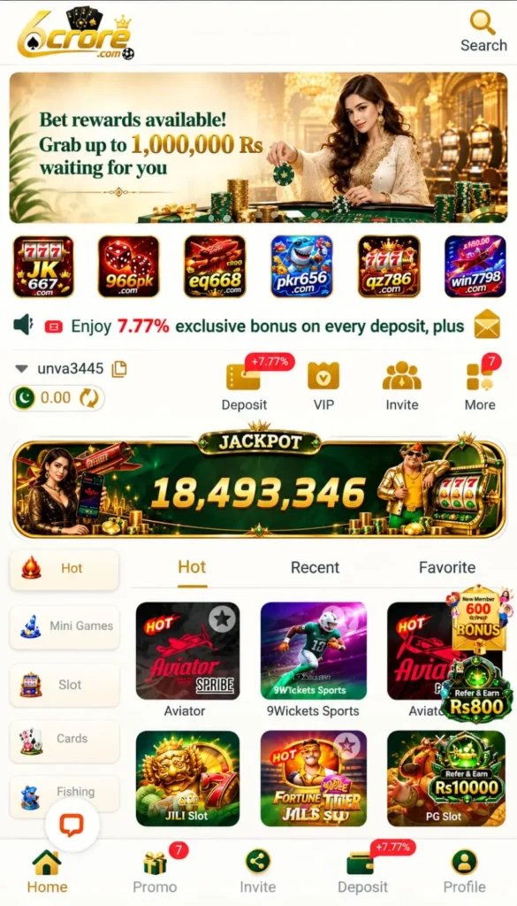 6crore Game app homepage with Aviator and casino games.