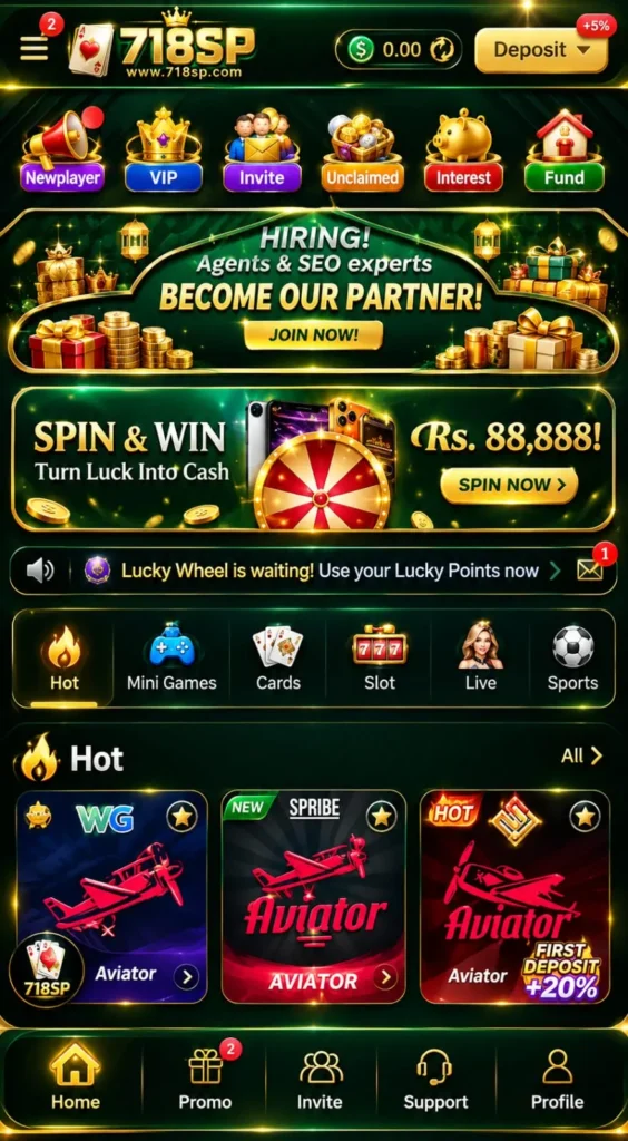 718sp Game app homepage with Aviator and casino games.