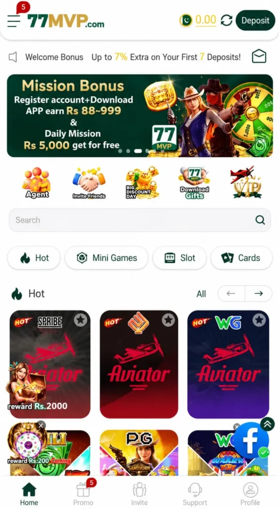 77mvp Game app homepage with Aviator and casino games.