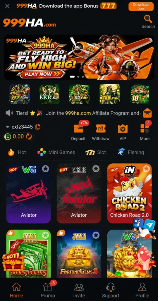 999ha Game app homepage with Aviator and casino games.