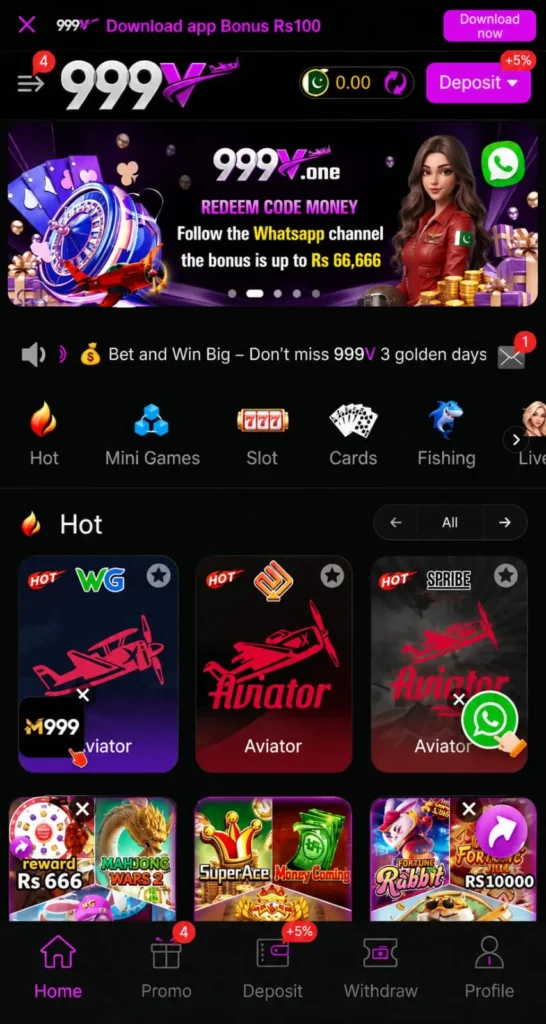 999v Game app homepage with Aviator and casino games.