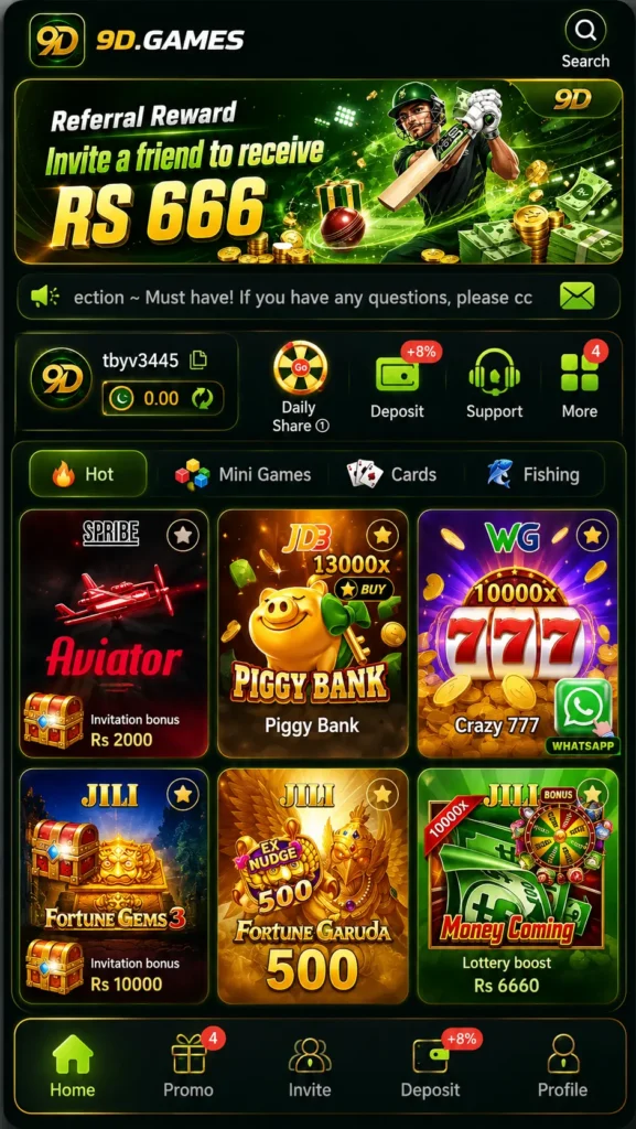 9D Game app homepage with Aviator and casino games.