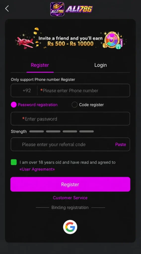 Ali786 Game register and login