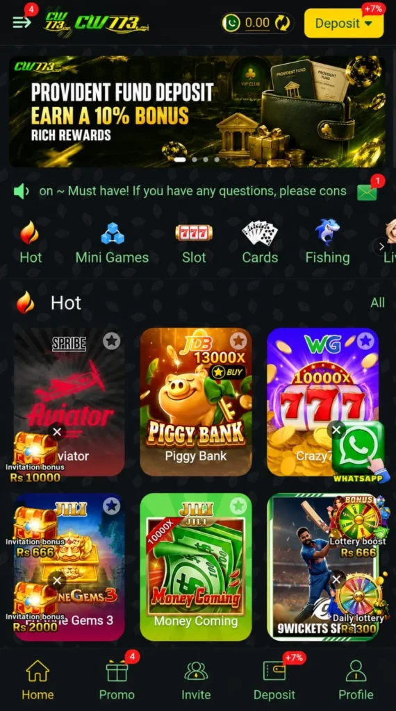 cw773 Game app homepage with Aviator and casino games.