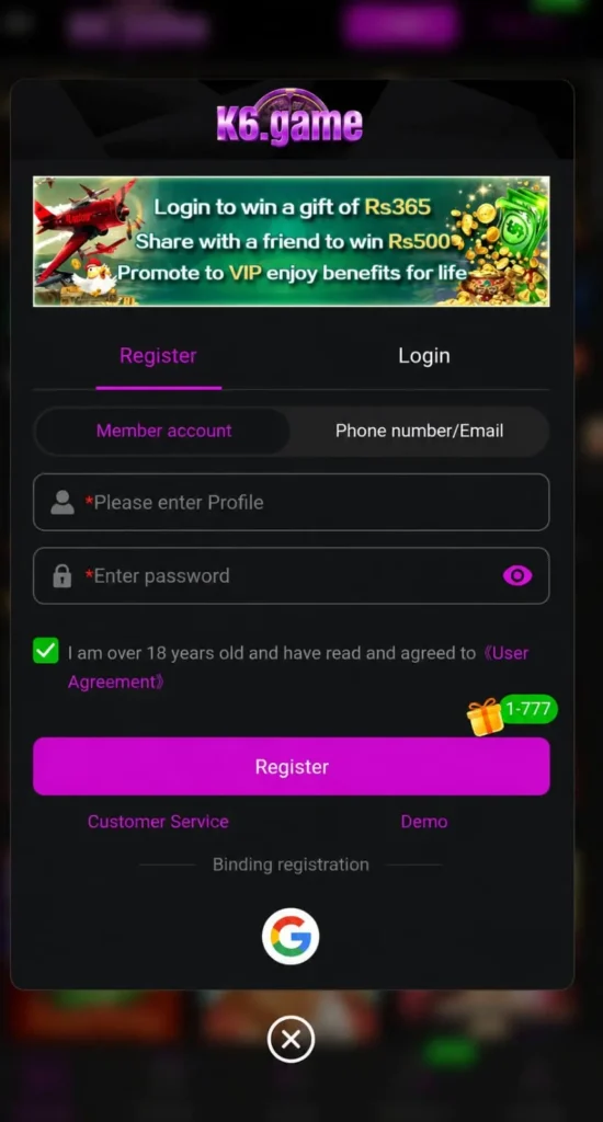 k6 Game register