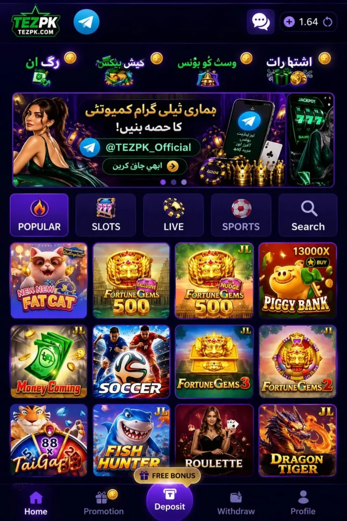 tezpk Game app homepage with Aviator and casino games.