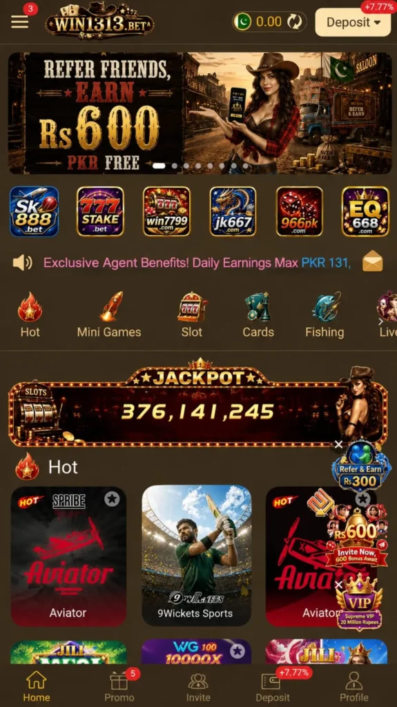 win1313 Game app homepage with Aviator and casino games.
