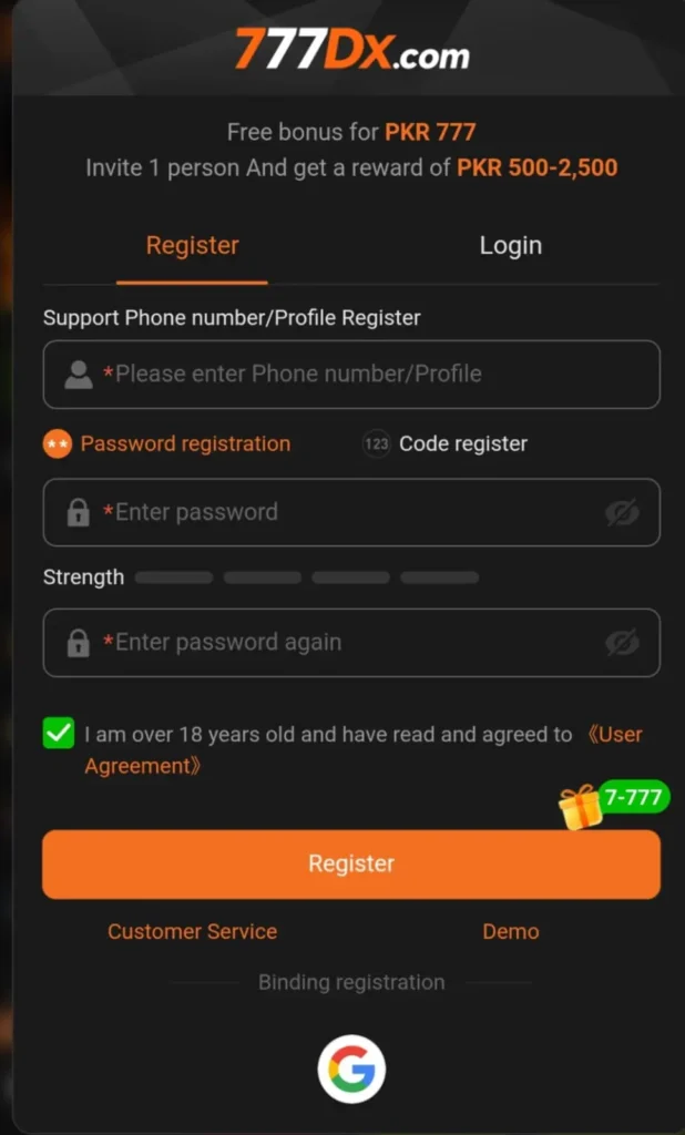 777dx Game register